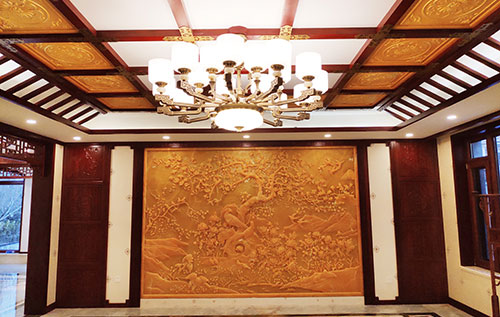 松桃中式别墅客厅中式木作横梁吊顶装饰展示